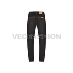 Mens slim fit denim jeans, black flat sketch, back view