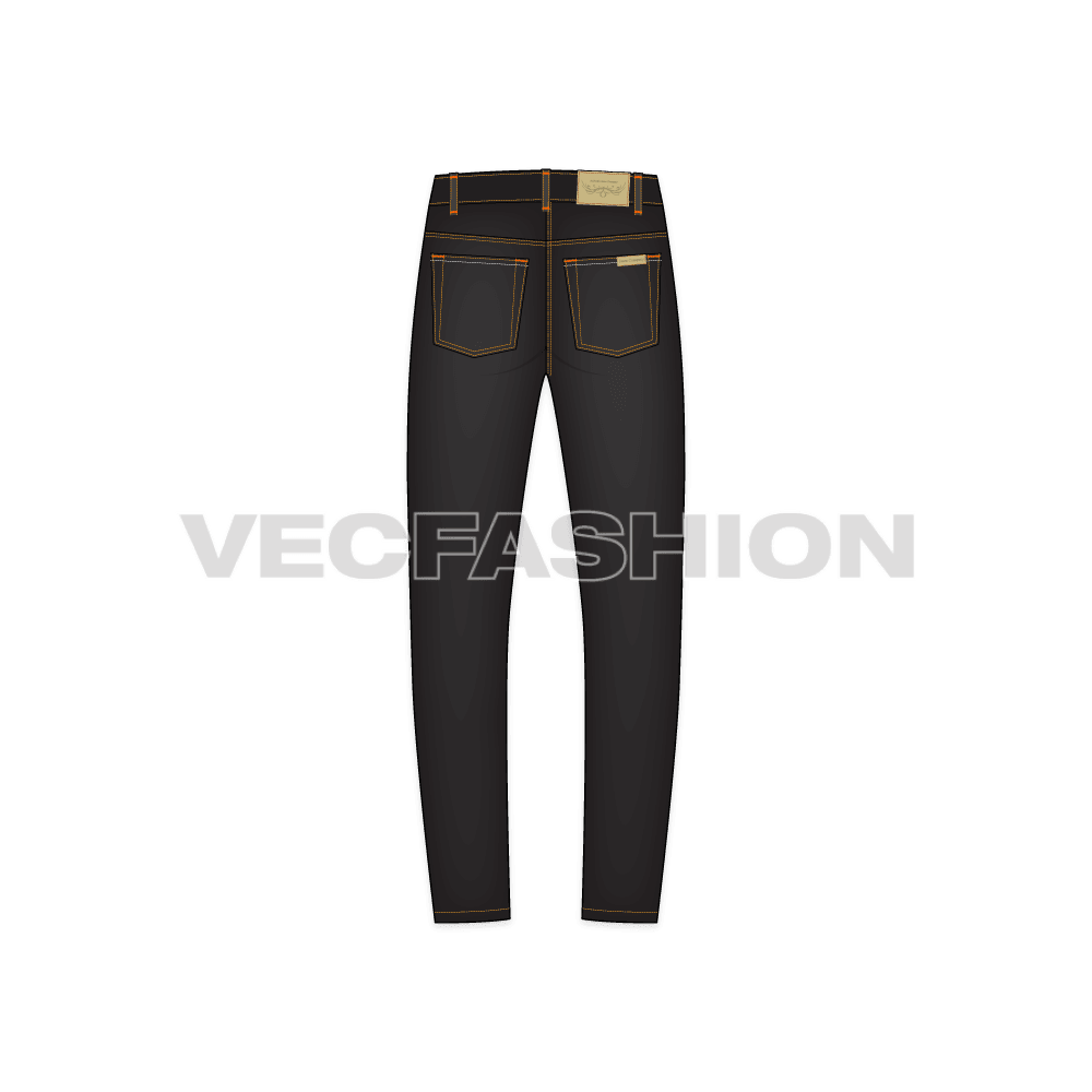 Mens slim fit denim jeans, black flat sketch, back view