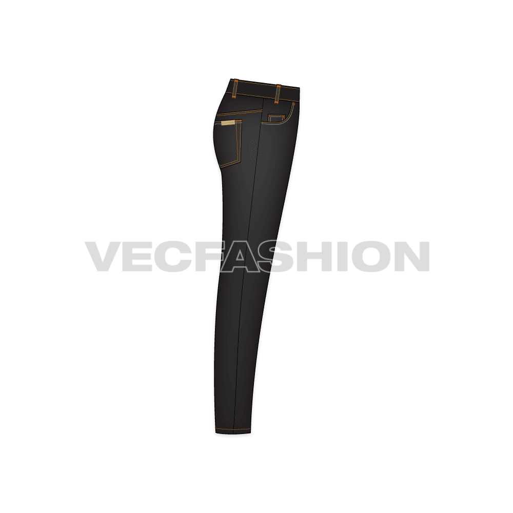 Mens slim fit denim jeans, black flat sketch, side view