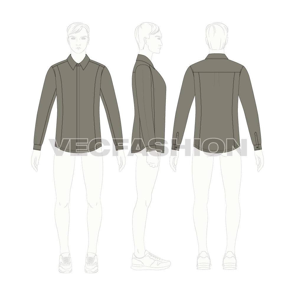 Mens slim fit formal shirt flat sketch, croqui sketch