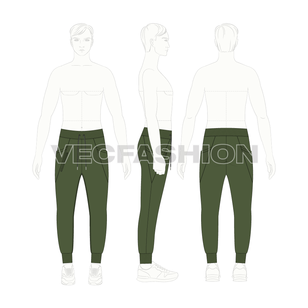 Mens slim fit joggers flat sketch, croqui sketch
