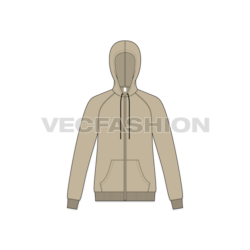 Mens slim fit raglan sleeved hoodie flat sketch, front view