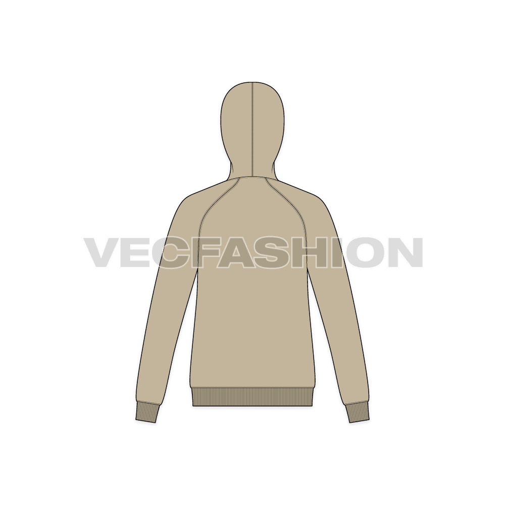 Mens slim fit raglan sleeved hoodie flat sketch, back view