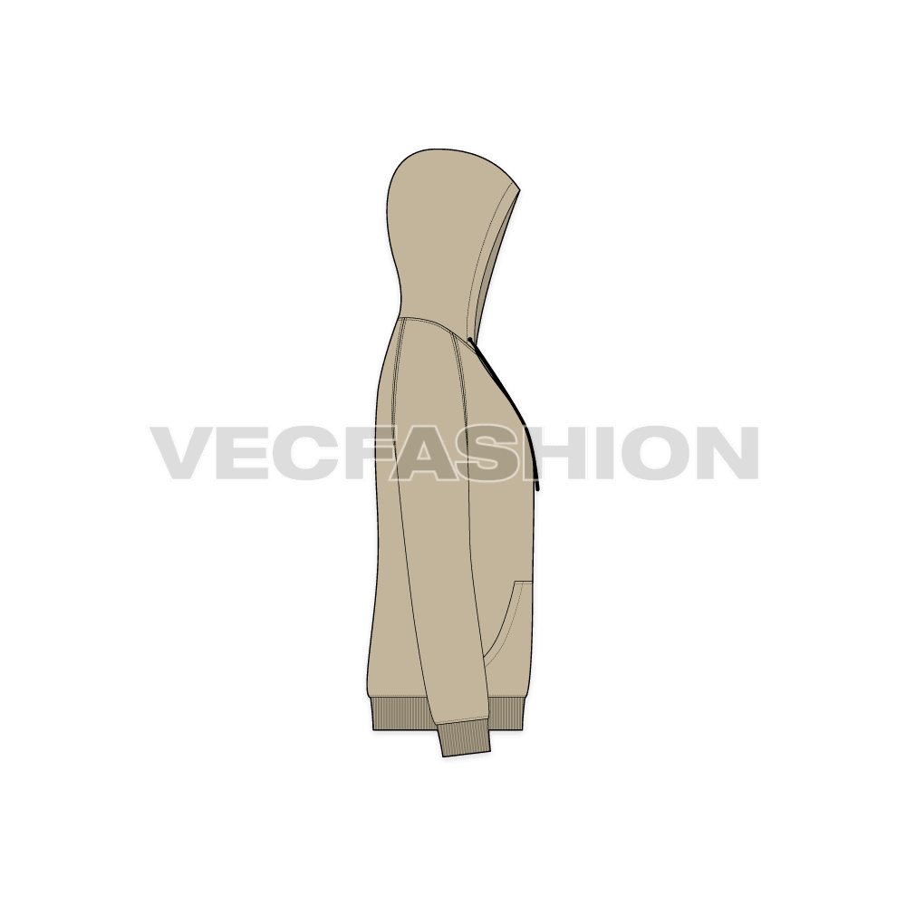 Mens slim fit raglan sleeved hoodie flat sketch, side view