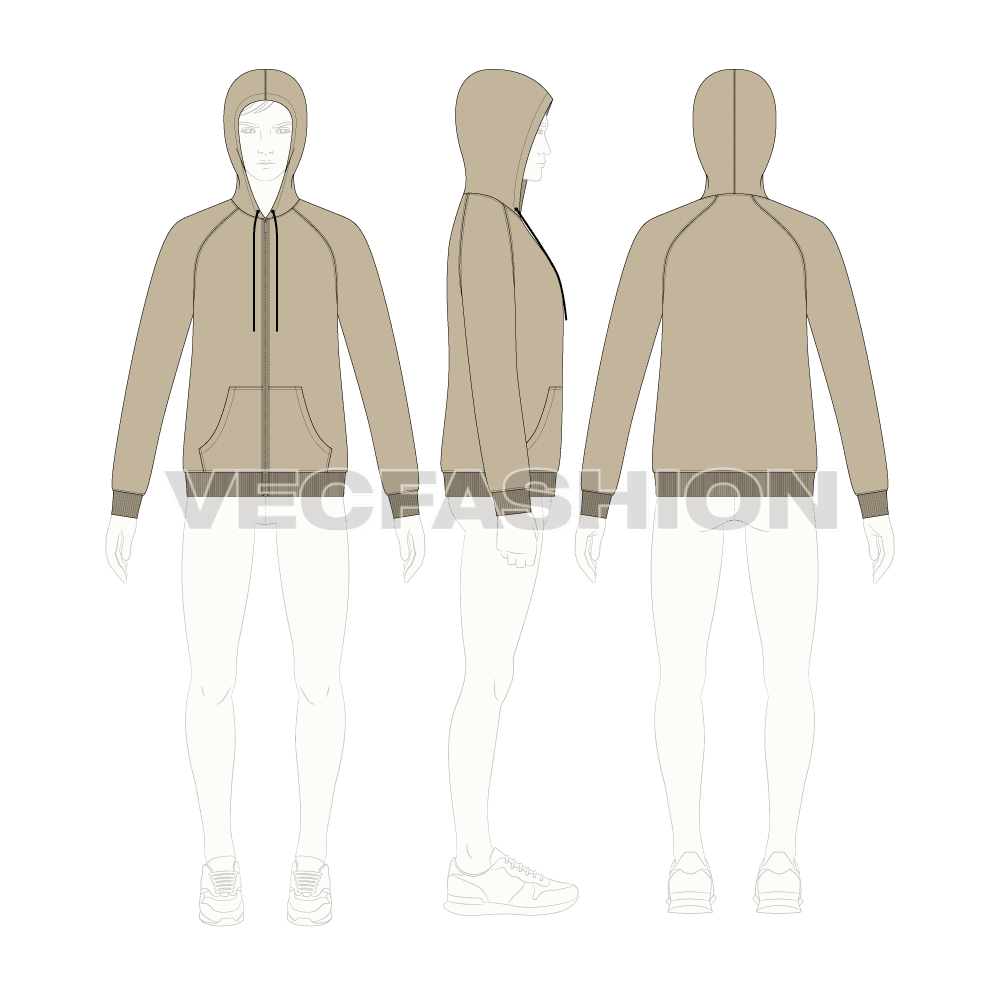 Mens slim fit raglan sleeved hoodie flat sketch, croqui sketch