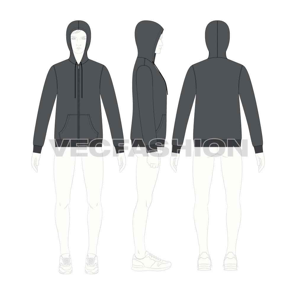 Mens slim fit set-in sleeved hoodie flat sketch, croqui sketch