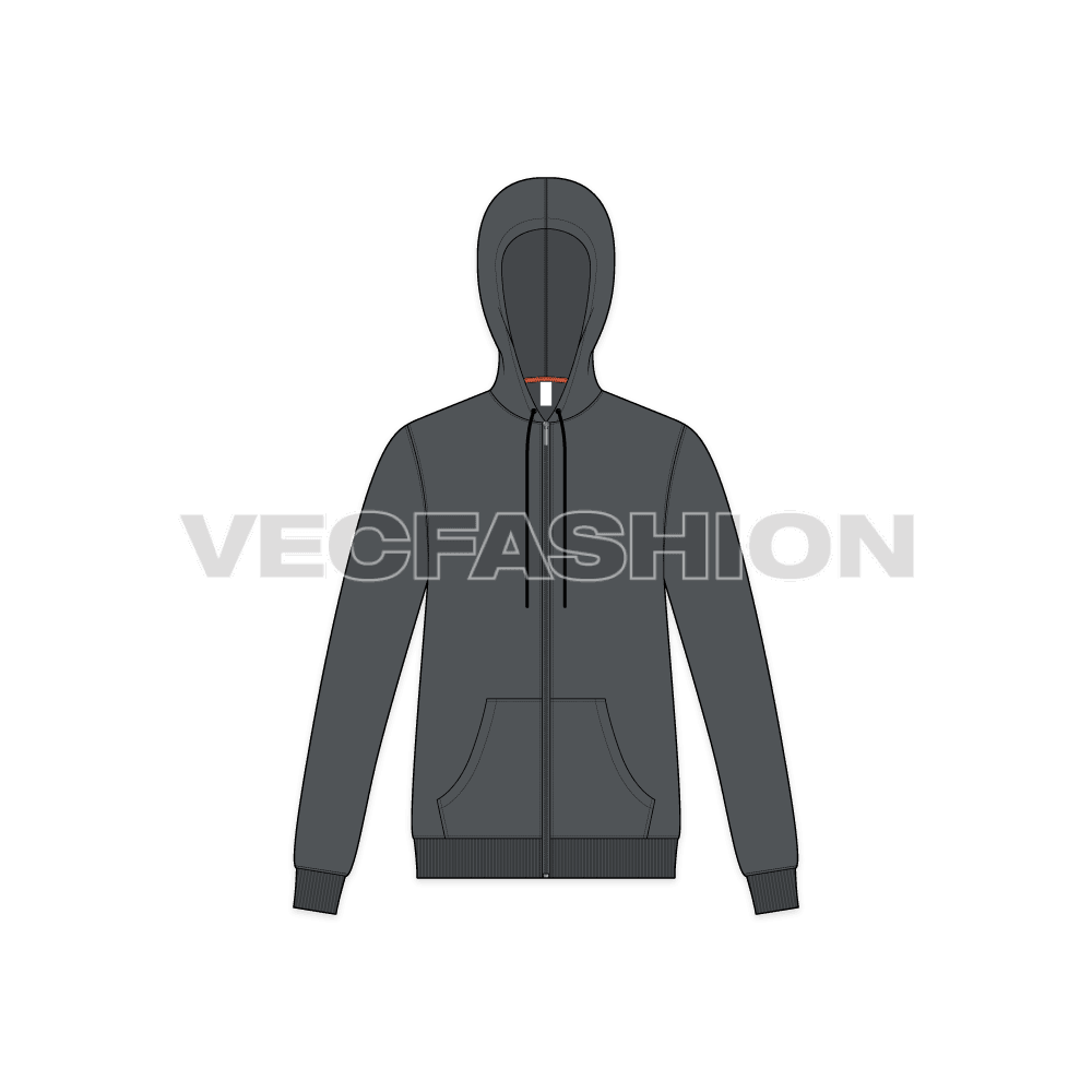 Mens slim fit set-in sleeved hoodie flat sketch, front view