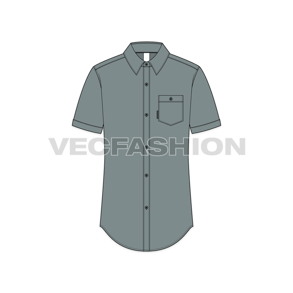 Mens slim fit shirt, curved hem flat sketch, front view