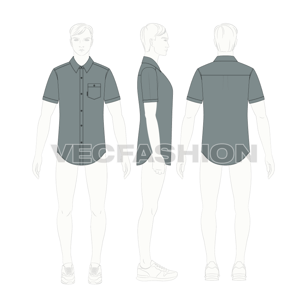 Mens slim fit shirt, curved hem flat sketch, croqui sketch