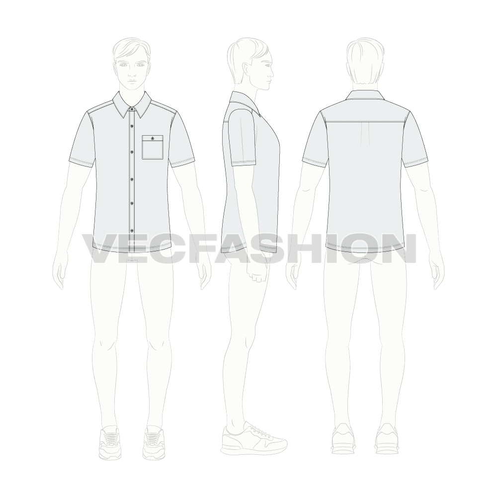 Mens slim fit shirt, straight hem flat sketch, croqui sketch
