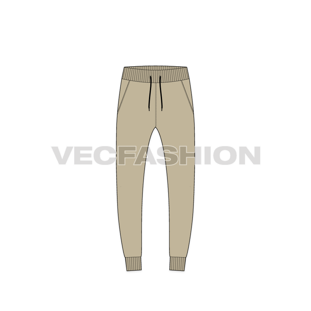 Mens slim fit track pants flat sketch, front view