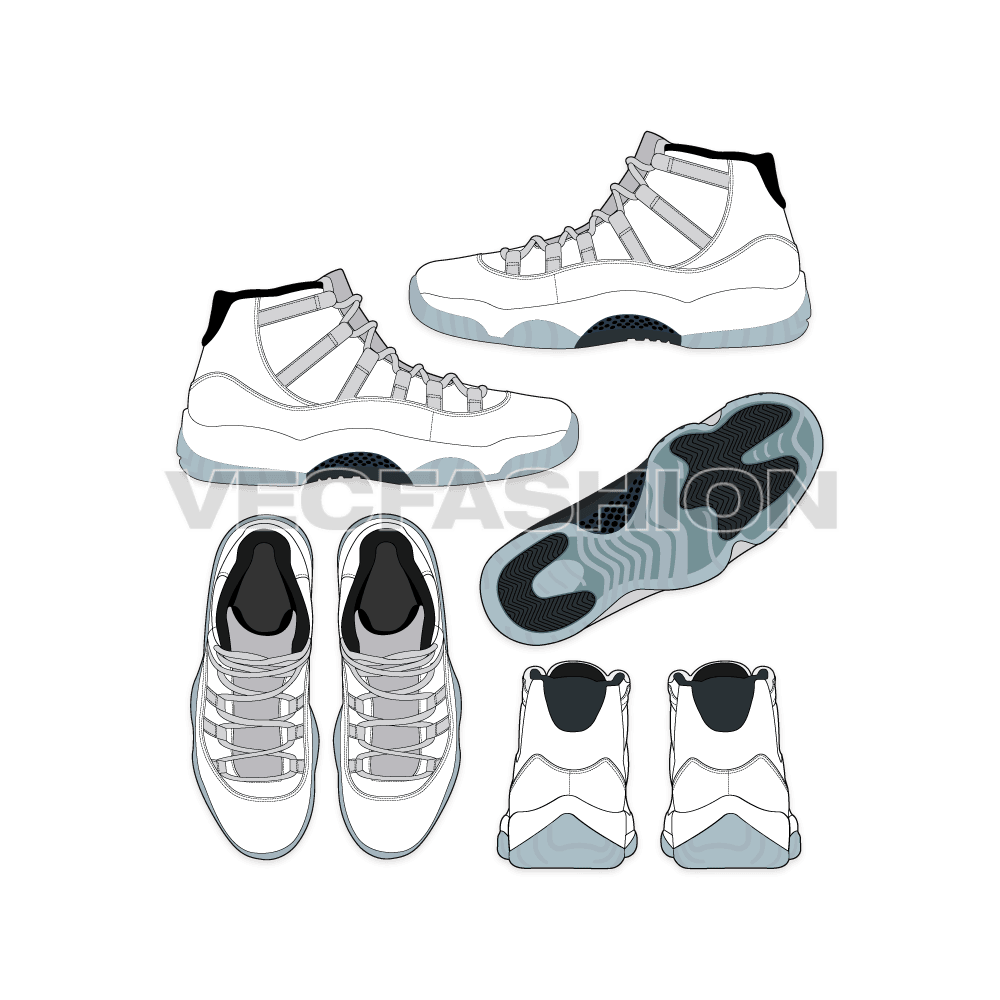 An illustrator fashion cad of Men's Sneakers Air Jordan 11. This sneakers drawing have multiple views and showing all design details. 