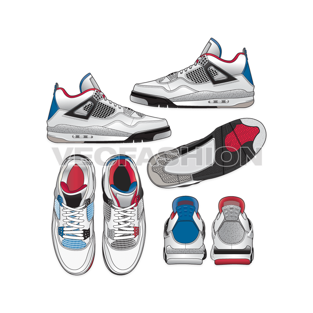 An illustrator fashion cad of Men's Sneakers designed and produced by Nike, Air Jordan 4. This sneakers drawing have many views and showing all design details. 