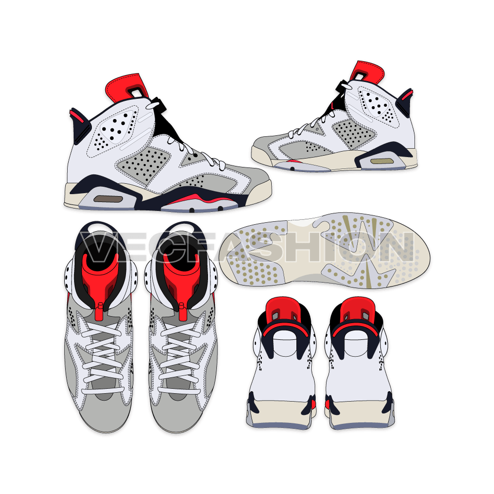 An illustrator fashion cad of Men's Sneakers designed and produced by Nike, Air Jordan 6. This sneakers drawing have many views and showing all design details. 