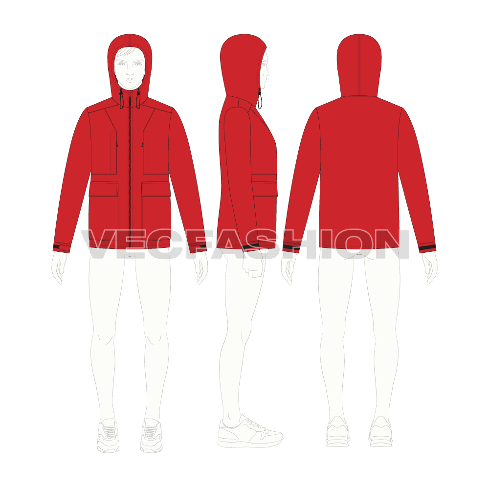 Mens Snow Trail Windbreaker flat sketch, croqui sketch