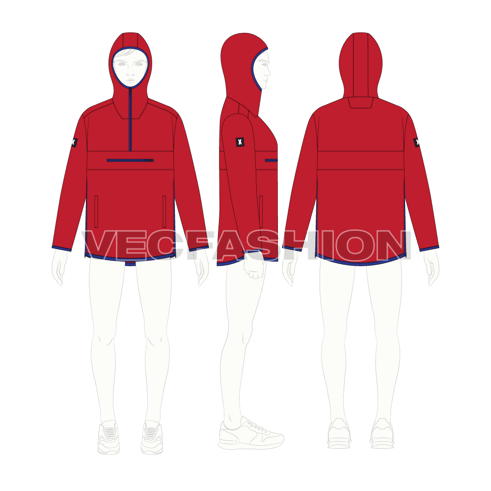 Mens Sport Anorak Jacket flat sketch, croqui sketch