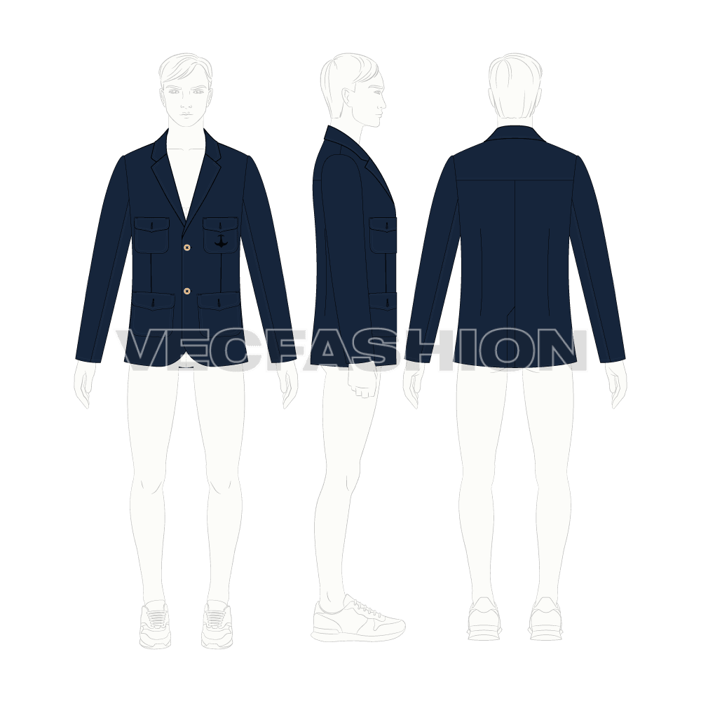 Mens Navy Blue Sport Blazer flat sketch, croqui sketch