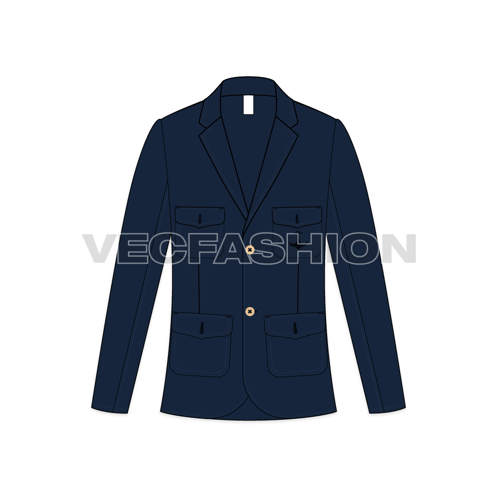 Mens Navy Blue Sport Blazer flat sketch, front view
