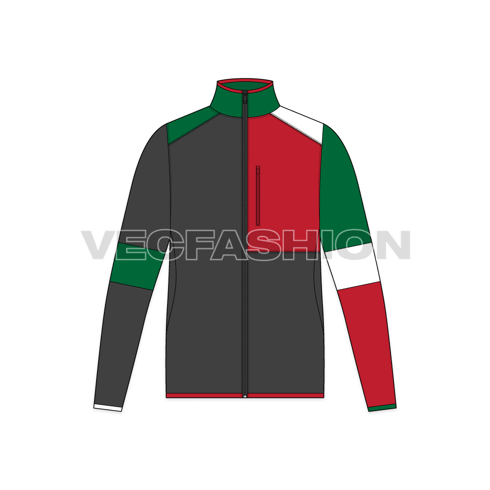 Mens sport fleece jacket flat sketch, front view