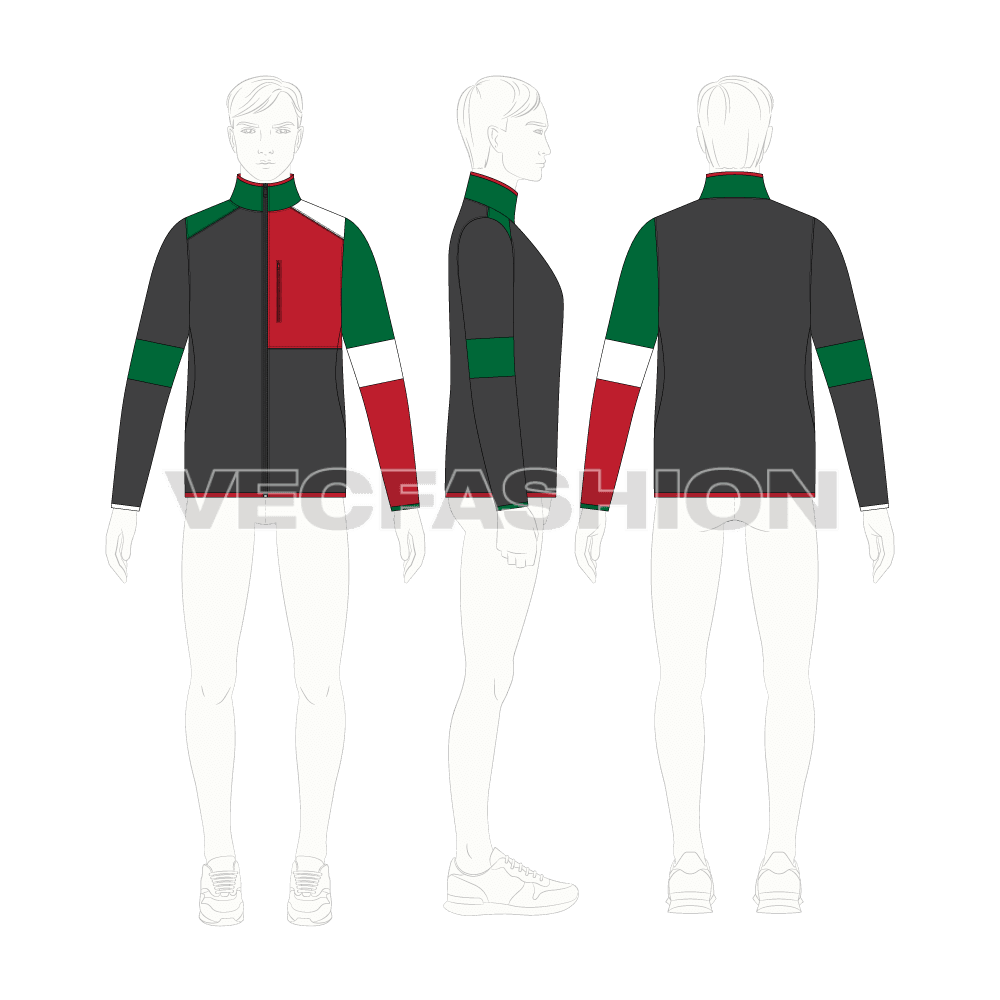 Mens sport fleece jacket flat sketch, croqui sketch