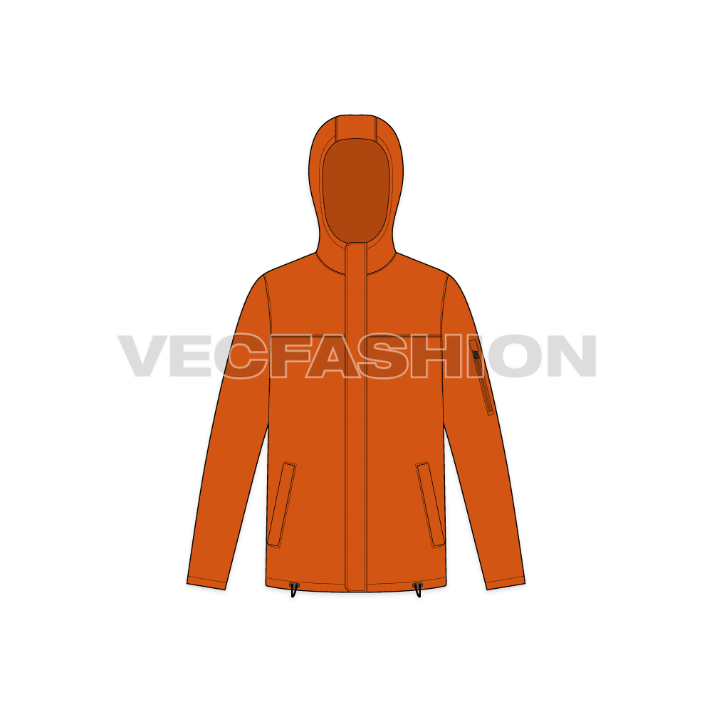 Mens Sport Hooded Jacket flat sketch, front view