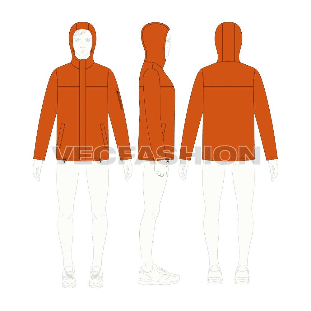 Mens Sport Hooded Jacket flat sketch, croqui sketch