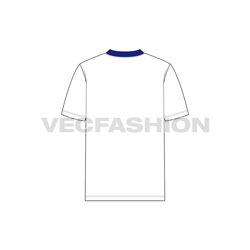Mens sport open neck t-shirt flat sketch, back view