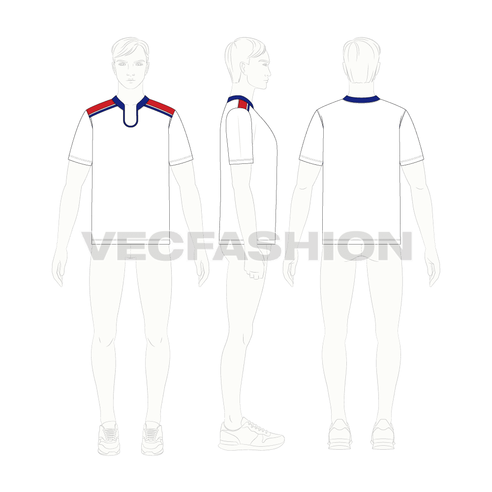 Mens sport open neck t-shirt flat sketch, croqui sketch