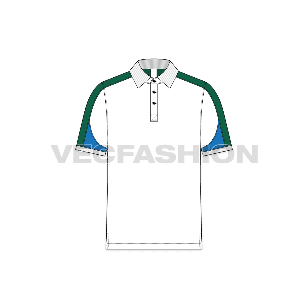 Mens sport polo shirt, contrast panel flat sketch, front view