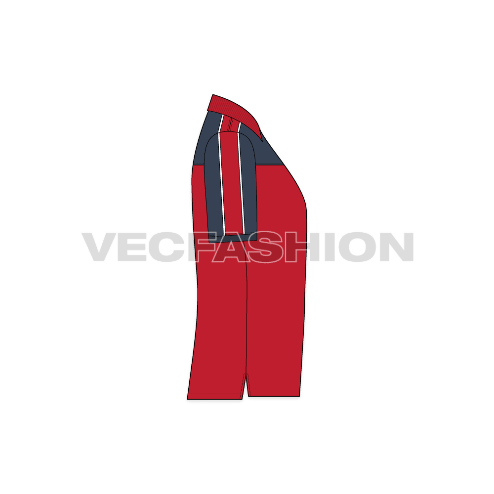 Mens sport polo shirt, red navy flat sketch, side view