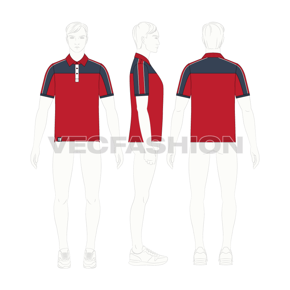 Mens sport polo shirt, red navy flat sketch, croqui sketch
