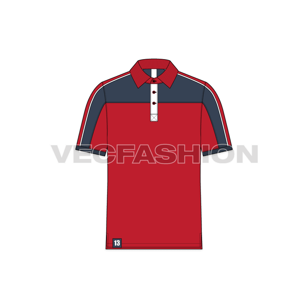 Mens sport polo shirt, red navy flat sketch, front view