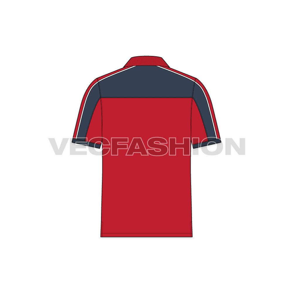 Mens sport polo shirt, red navy flat sketch, back view