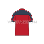 Mens sport polo shirt, red navy flat sketch, back view