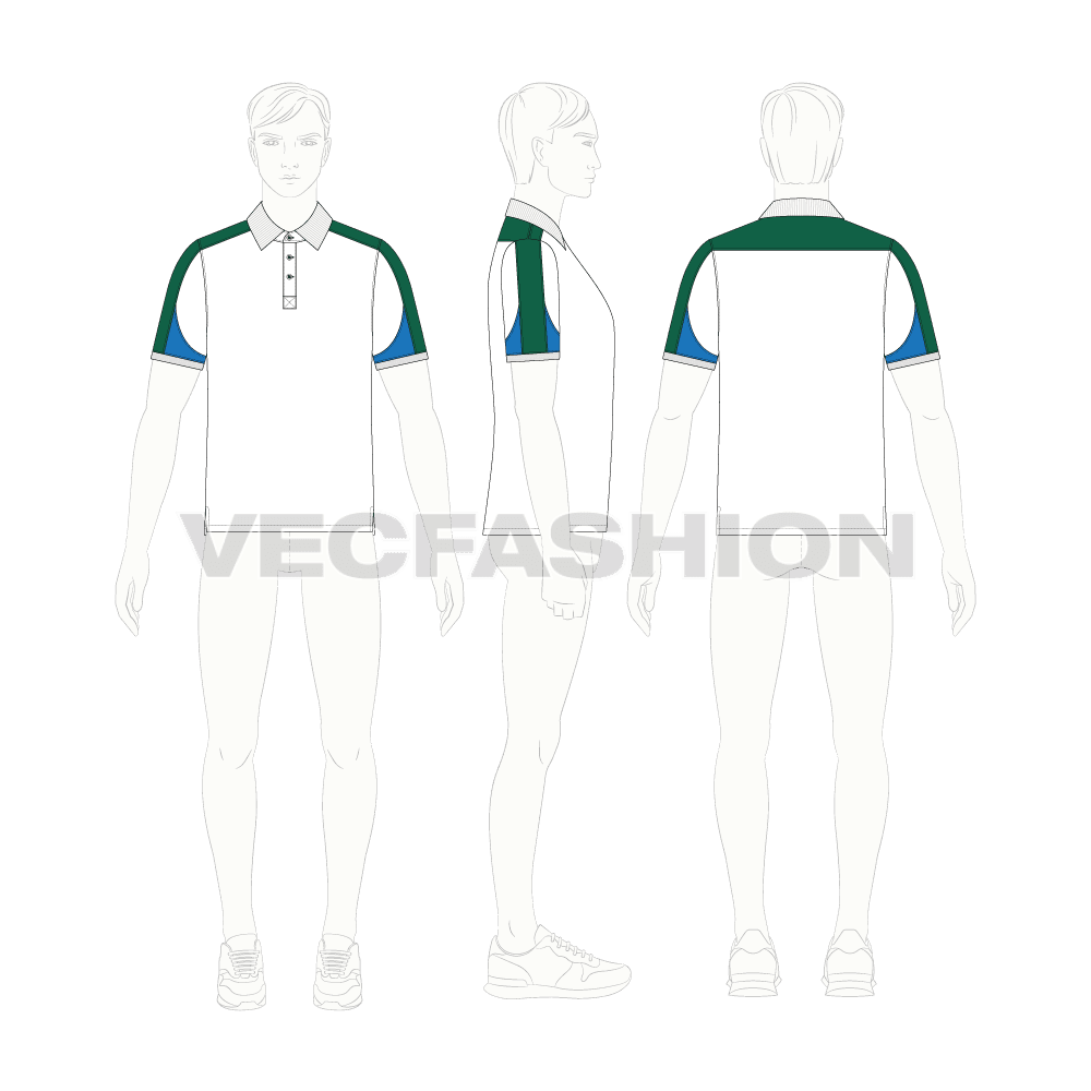 Mens sport polo shirt, contrast panel flat sketch, croqui sketch