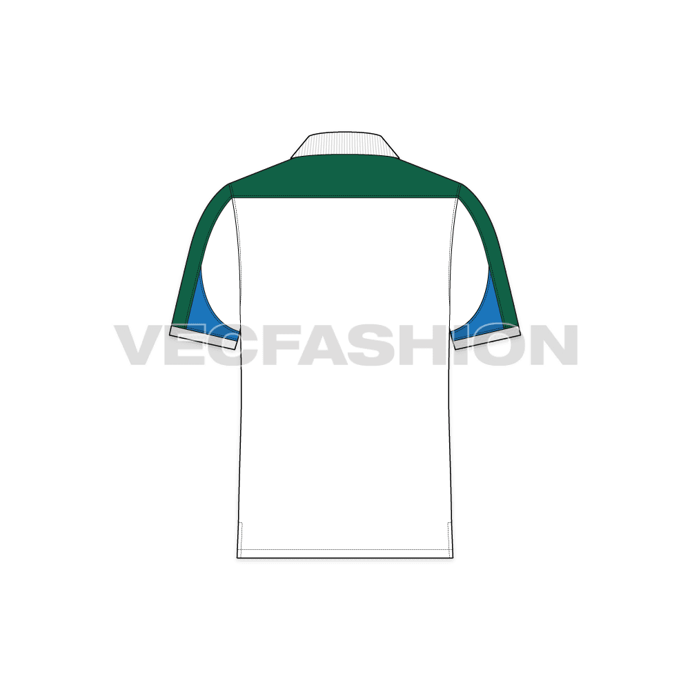 Mens sport polo shirt, contrast panel flat sketch, back view