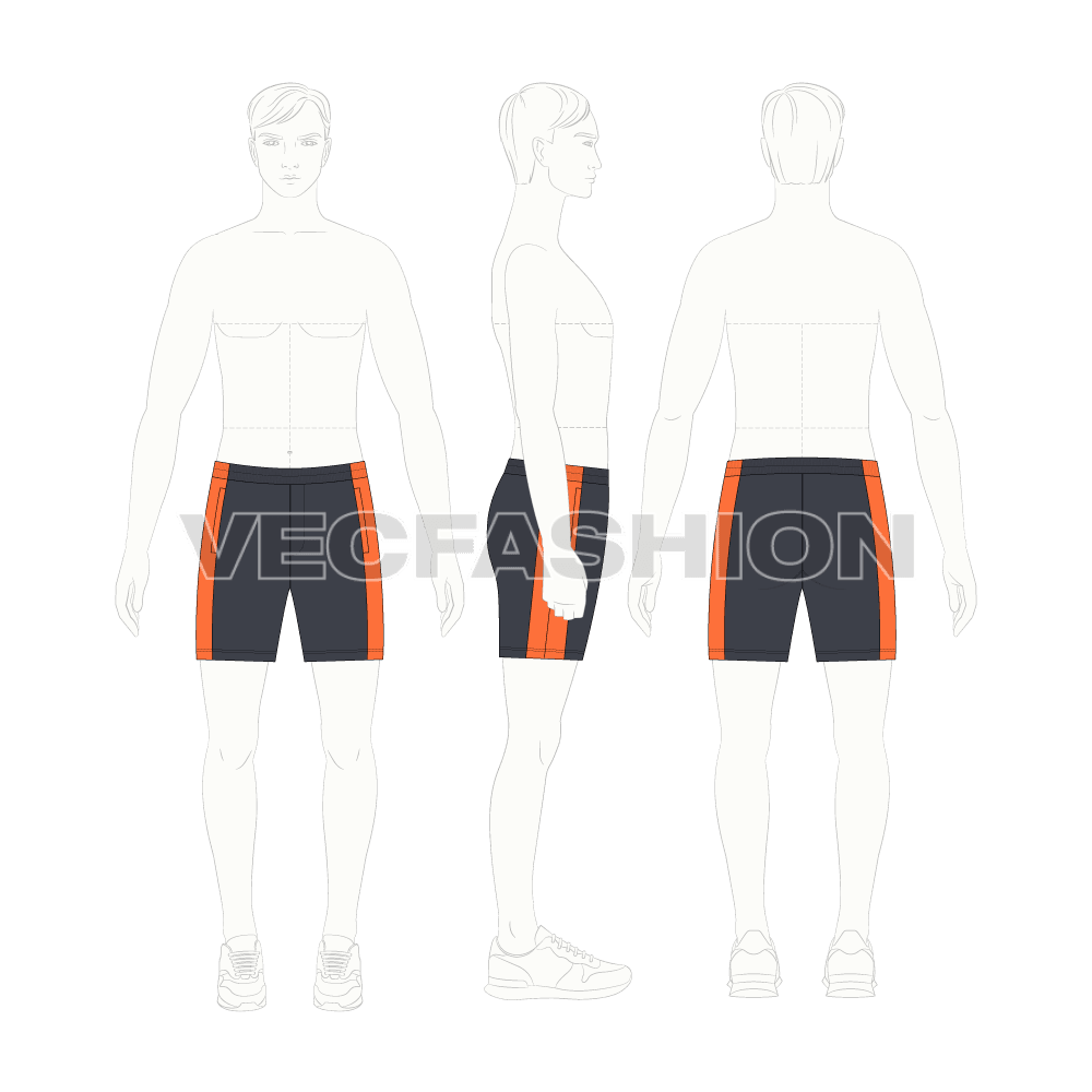 Mens sport shorts flat sketch, croqui sketch
