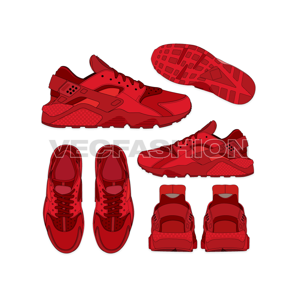 An illustrator fashion cad of Men's Sport Sneakers designed and produced by Nike, Huarache. This sneakers drawing have many views and showing all design details.
