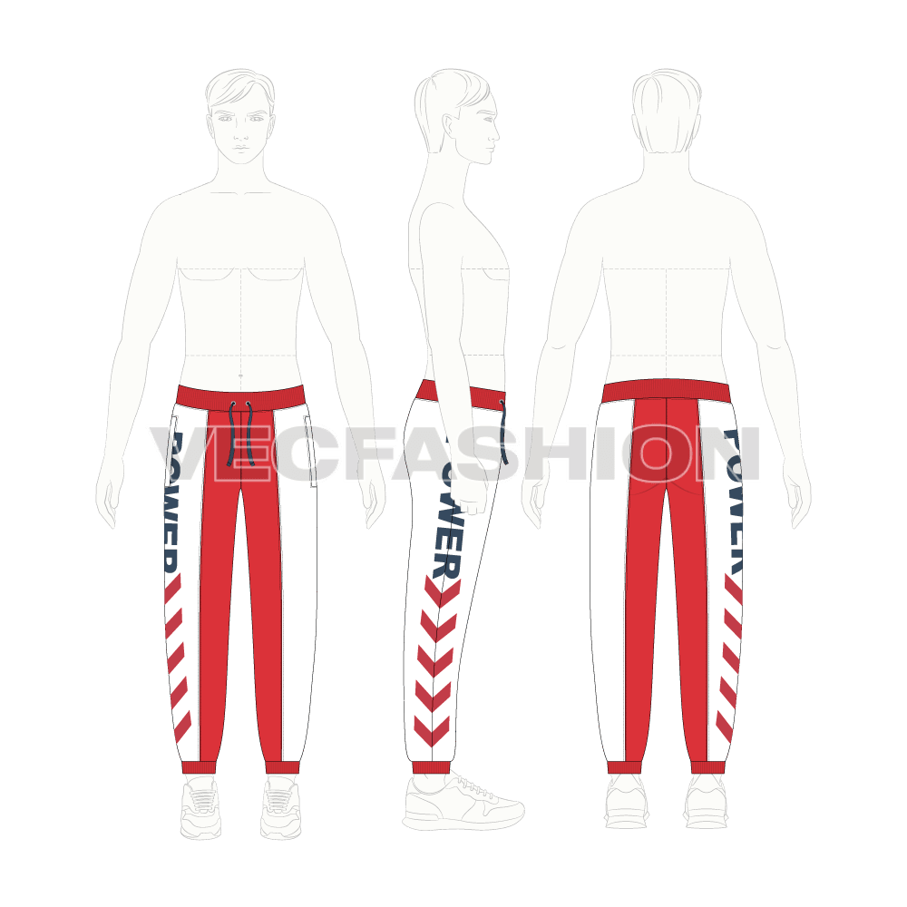 Mens sport track pants flat sketch, croqui sketch