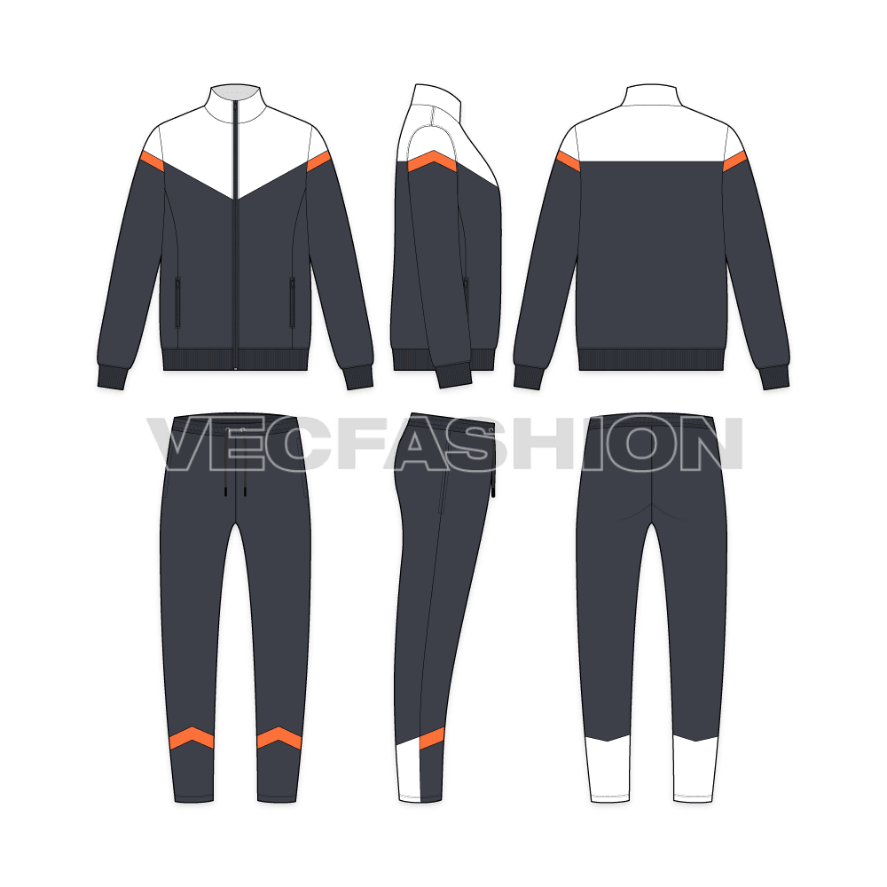 Mens sport tracksuit, diagonal panel flat sketch, showing all views, front, side and back