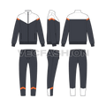 Mens sport tracksuit, diagonal panel flat sketch, showing all views, front, side and back