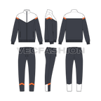 Mens sport tracksuit, diagonal panel flat sketch, showing all views, front, side and back