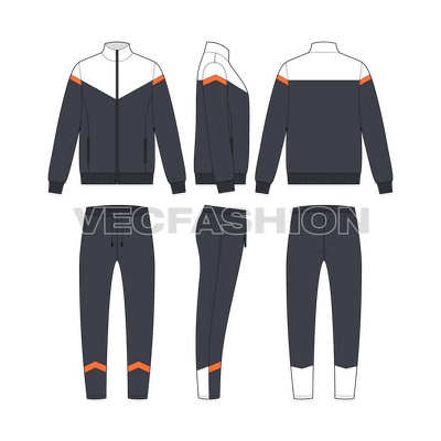 Mens sport tracksuit, diagonal panel flat sketch, showing all views, front, side and back