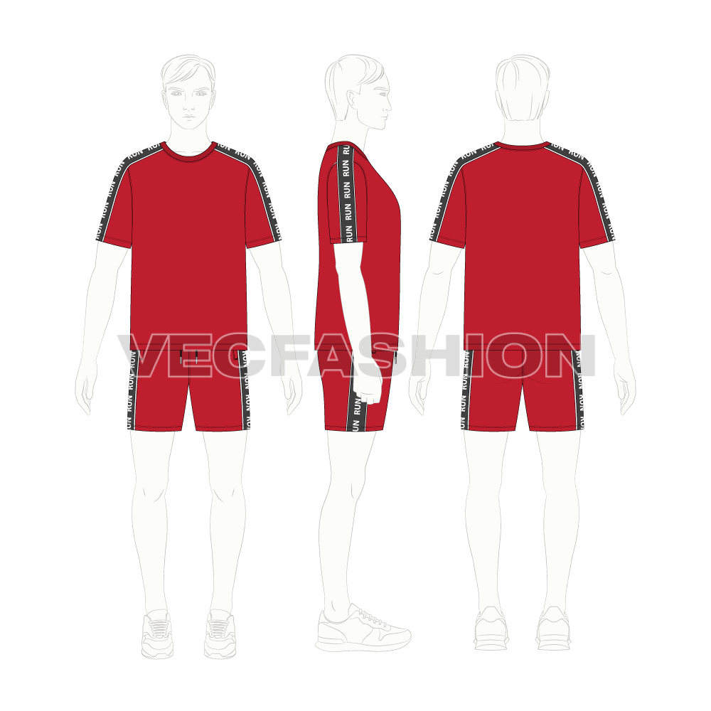 Mens sport tracksuit, elastic tape flat sketch, on croqui