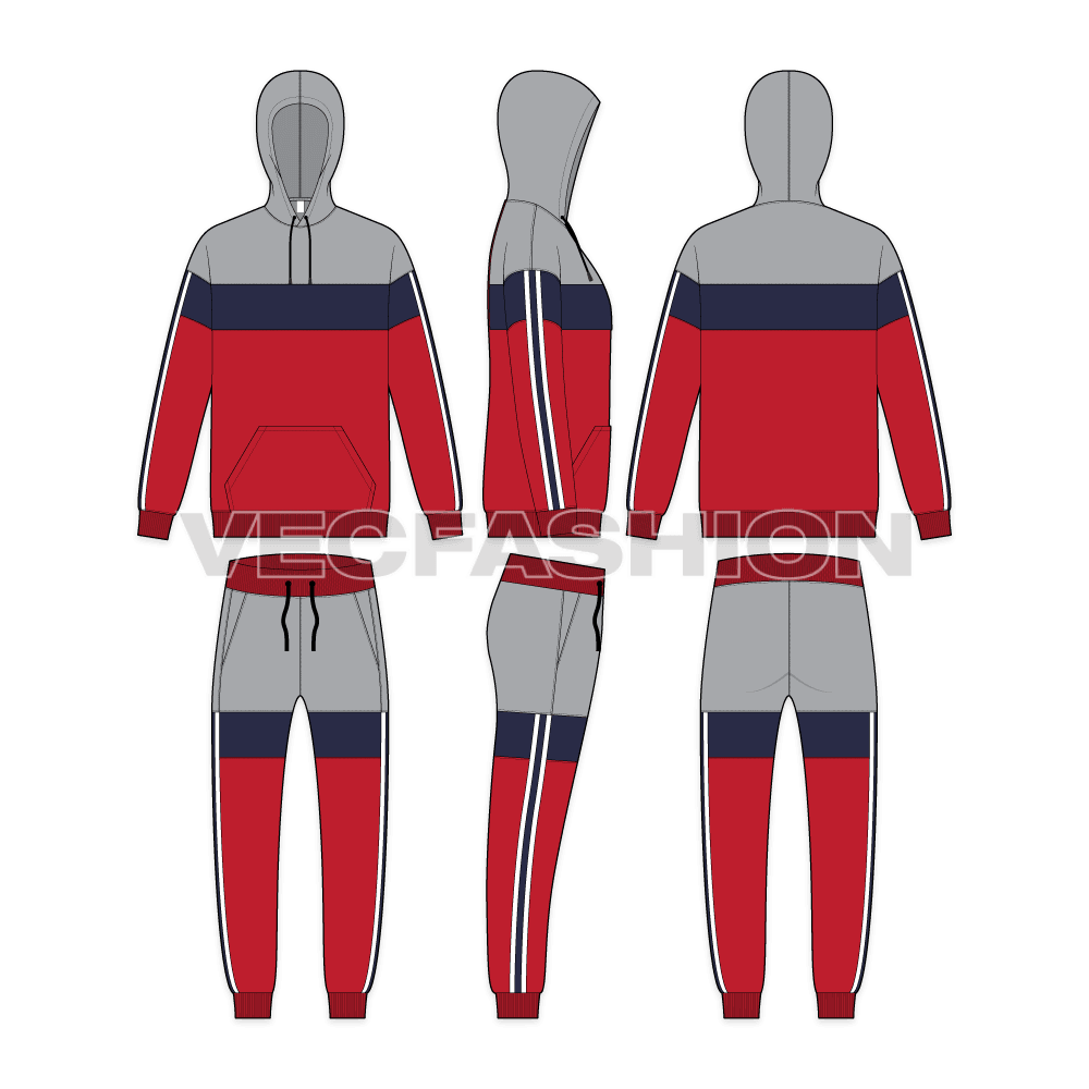 Mens sport tracksuit, color blocked flat sketch, showing all views, front, side and back