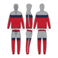 Mens sport tracksuit, color blocked flat sketch, showing all views, front, side and back