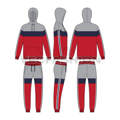 Mens sport tracksuit, color blocked flat sketch, showing all views, front, side and back
