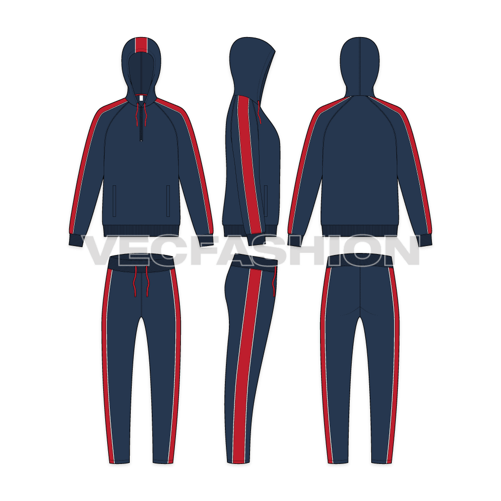 Mens sport tracksuit, navy flat sketch, showing all views, front, side and back