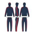 Mens sport tracksuit, navy flat sketch, showing all views, front, side and back