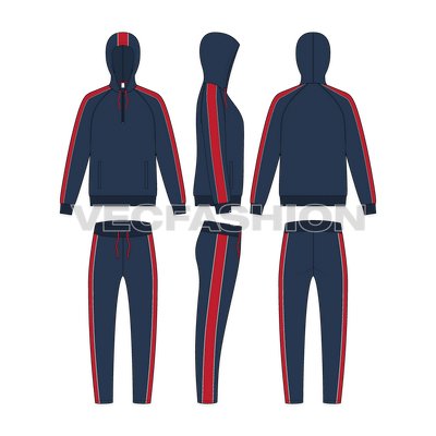 Mens sport tracksuit, navy flat sketch, showing all views, front, side and back
